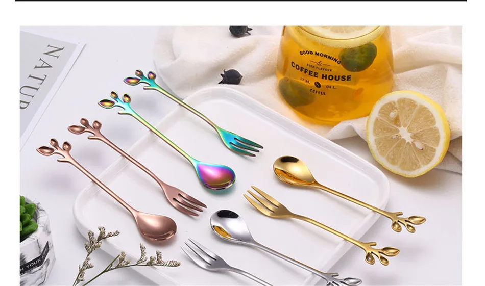 Creative Stainless Steel Fork Spoon Leaf Shape Handle Coffee Cake Dessert Ice Cream Forks Spoons Glossy Household Tableware 1pcs