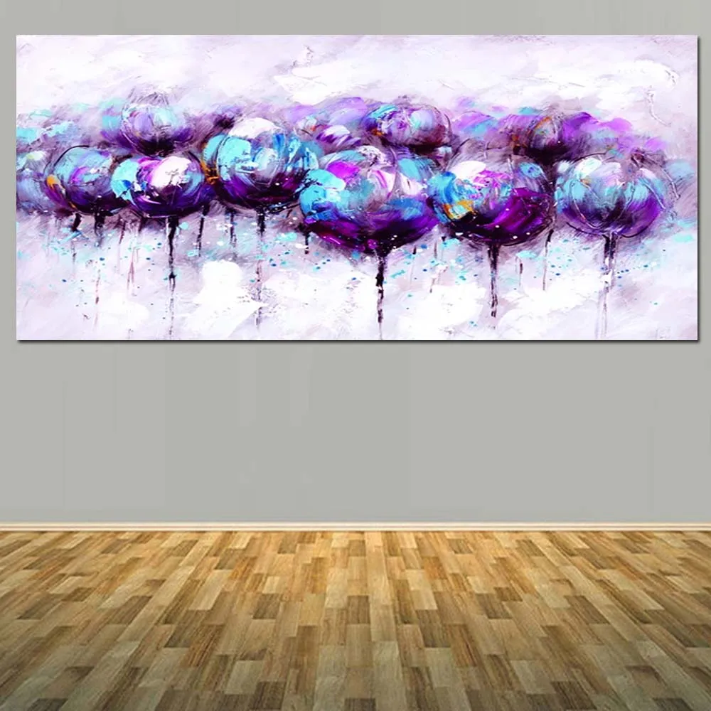 Hand Painted Abstract Purple Blue Flower Oil Painting on Canvas Purple