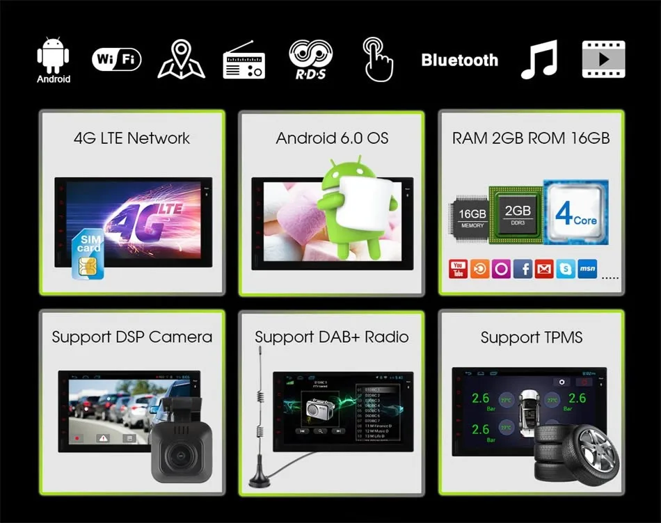 Best Eunavi 2 din Car DVD Android 6.0 2G RAM Support 4G LTE Network DAB+ DVR 7inch 1024*600 16G ROM 2 din Car Radio For Universal 1