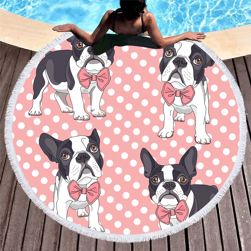 

Round Beach Towel for kids Microfiber Bow Tie Bulldog Large Summer Towel Toalla Cartoon 150cm Dog Pink Picnic Mat