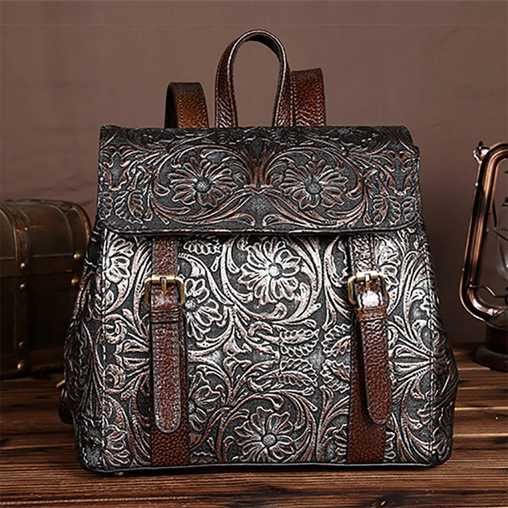 First Layer Cowhide Women Rucksack Vintage Knapsack School Satchel