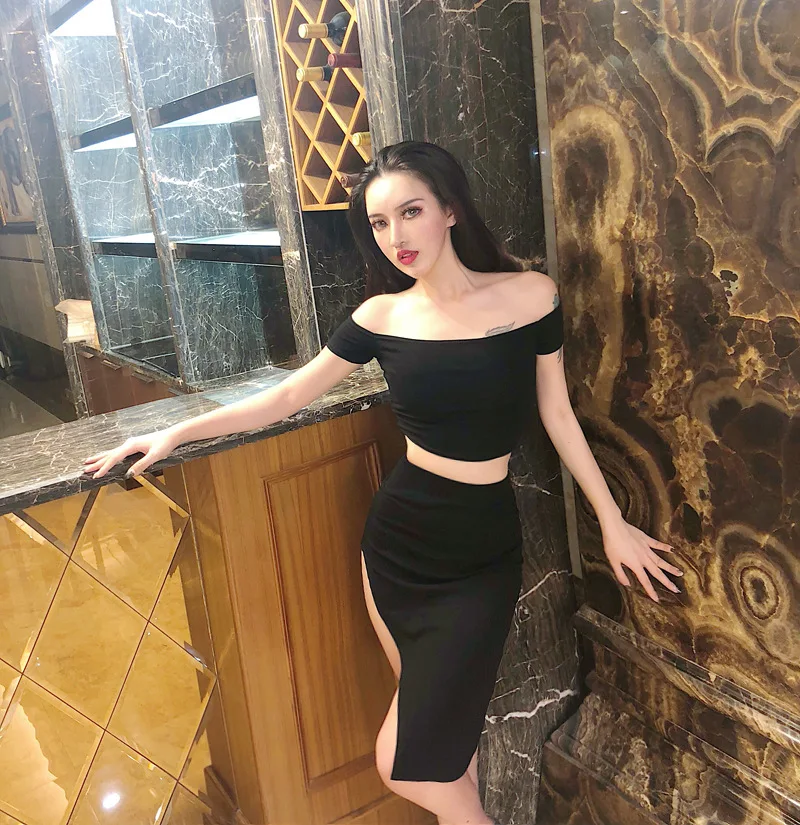 SLASH NECK Sexy women top quality black white red sleeveless v neck mini two piece Bodycon bandage dress wholesale