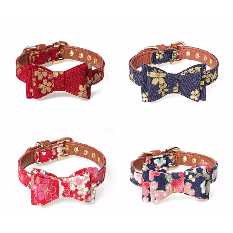 Print Leather Fabric Pet Dog Collar Leash Cat Collier Chain Bowknot Red Cherry Hot Stamping For Small Middle Perro Teddy 