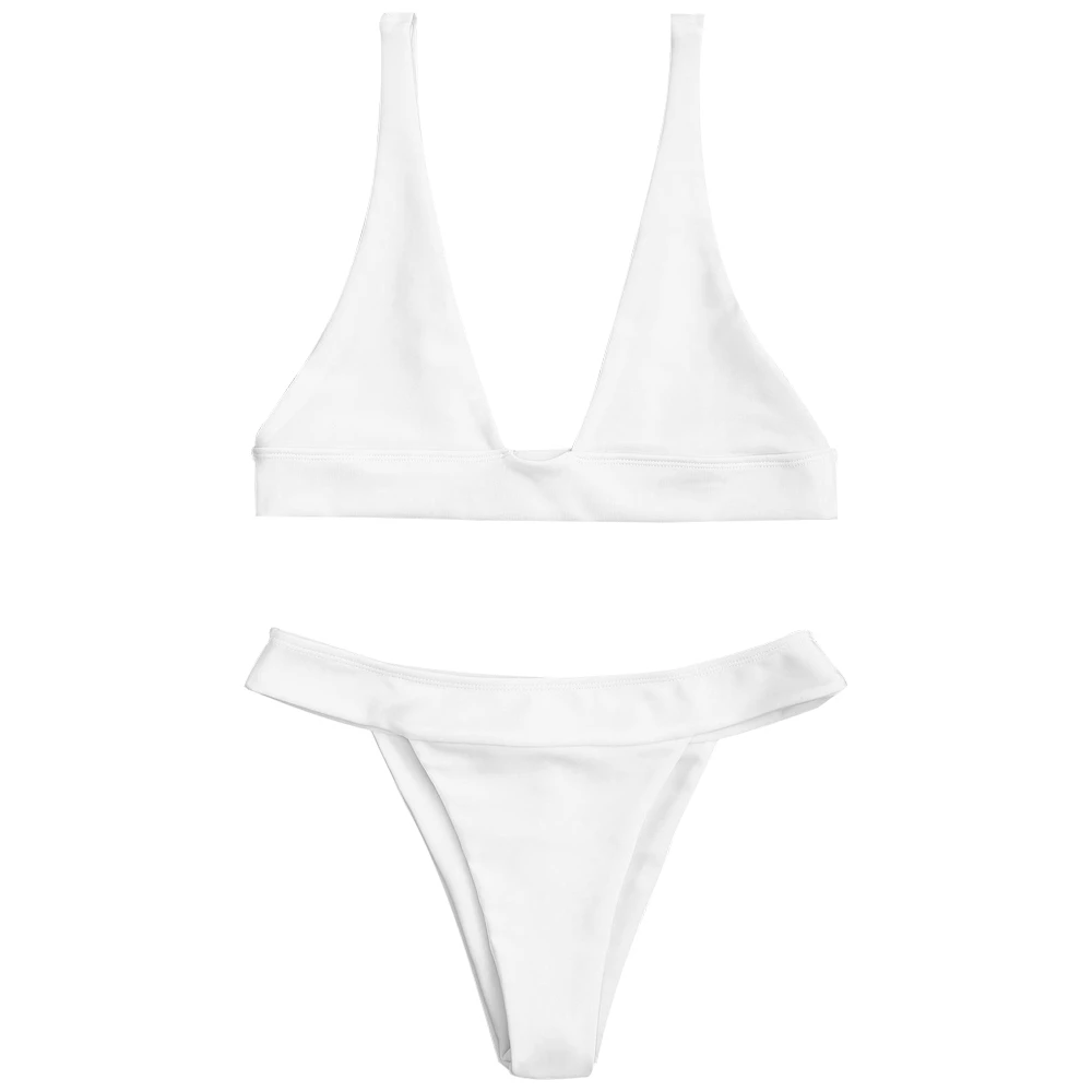 

2018 New Women High Waisted Textured Plunge Bikini Set Deep V Sexy Pure Color Wire Free Solid Panded Summersuits Bikini