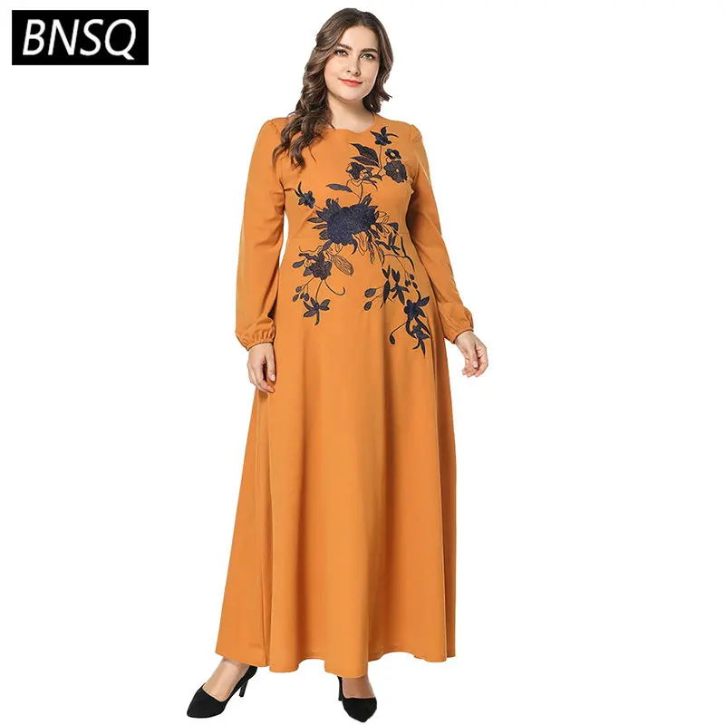 

BNSQ Women Floral Embroidery Maxi Long Dress Plus Size Loose Yellow Dresses O Neck Long Sleeve Swing Female Clothes Office Lady