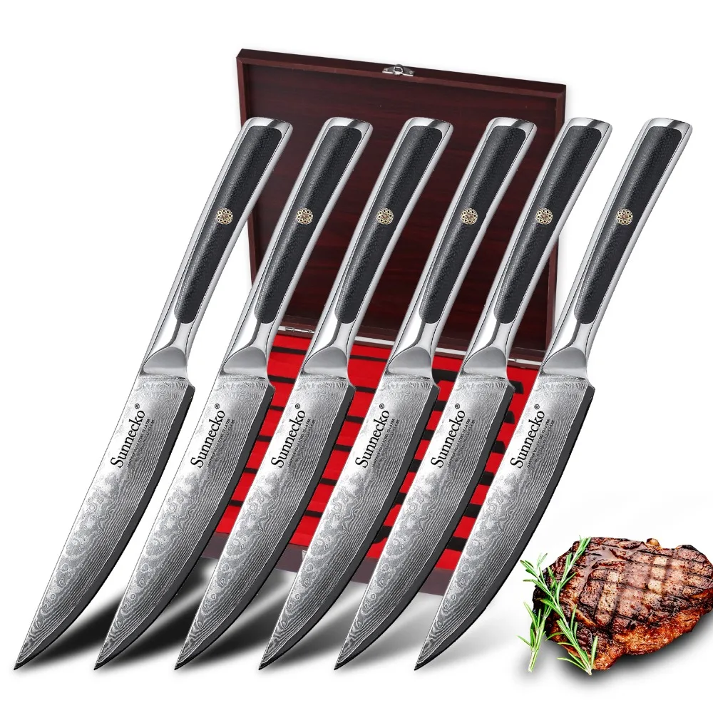 SUNNECKO 6pcs Damasucs Steel Steak Knives Set Exquisite Gift Box Packaging G10 Handle Meat Slicer Chef Utility Knife Sets
