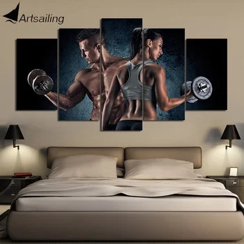 

Large 5 Panel Canvas Art Sexy Girl Boy Fitness Dumbbell Paintings for Living Room Wall Decor Poster Decorative Pictures NY-7700C