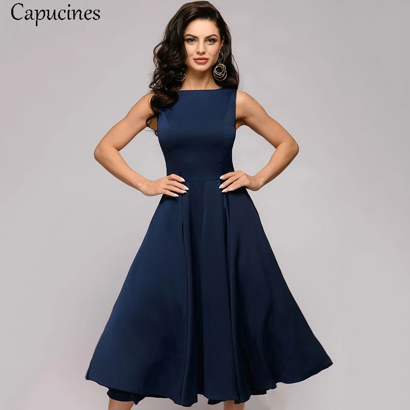 

Capucines Spring Summer Vintage Elegant Woman Round Neck Sleeveless Dress Solid Color Medium length A-line Casual Party Dress