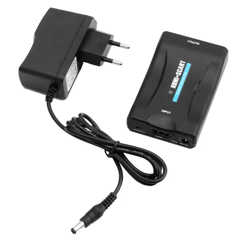 New HDMI To SCART Composite Video Converter 1080p + 5V 1A DC EU Plug Power Supply Adapter For