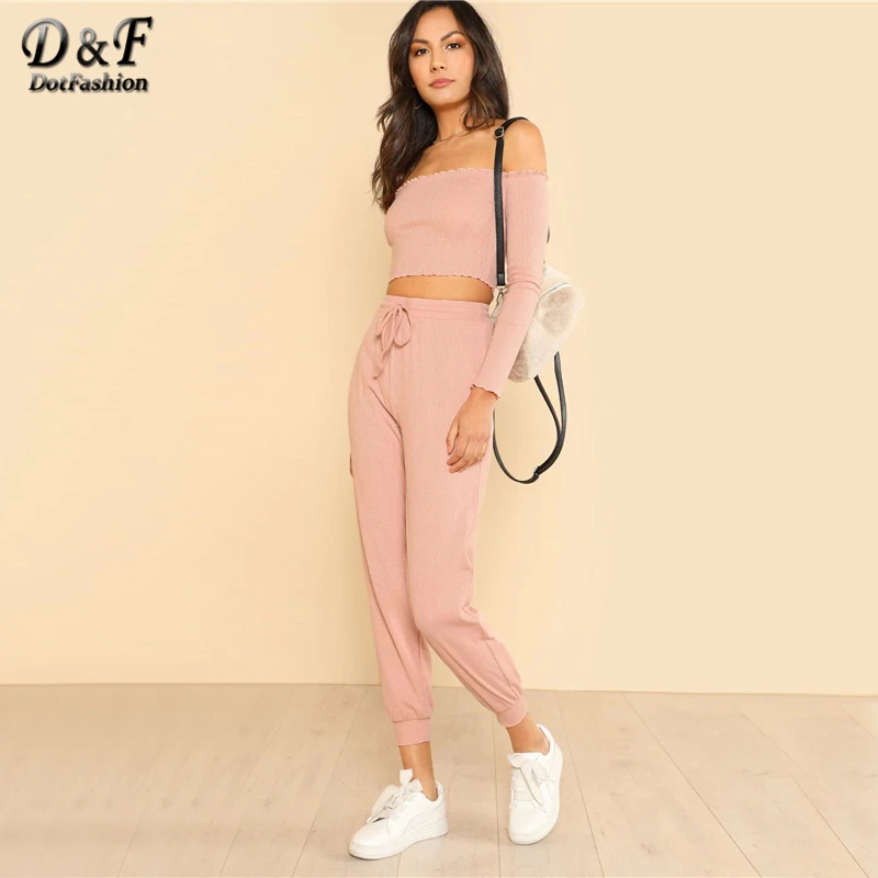 Dotfashion Heathered Crop Top and Wide Leg Pants набор румян для женщин летний короткий рукав розовый топ карманы Круглый вырез комплект из двух предметов