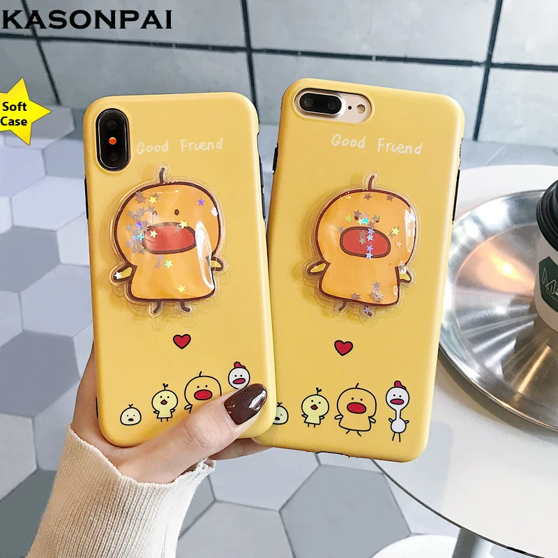 

KASONPAI 3D Yellow Duck Squishy Case For iphone XS Max XR X 7 8 6 6S Plus Phone Case Glitter Quicksand Star Back Cover Fundas