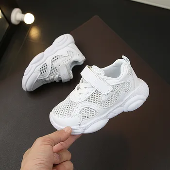 

White children's sports shoes boys and girls Velcro breathable mesh breathable running tennis shoes children's sports outdoor sh