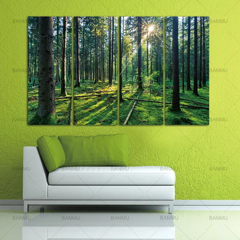 4 панели лес и рассвет SunliXWAt картина маслом зеленое дерево лес печать на холсте Современная Настенная живопись украшение дома домашний декор