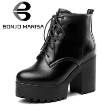 BONJOMARISA/ г. Зимние теплые ботинки на меху черного цвета, большой размер 33-44 женские ботинки на платформе женские высокие ботинки на толстом каблуке со шнуровкой