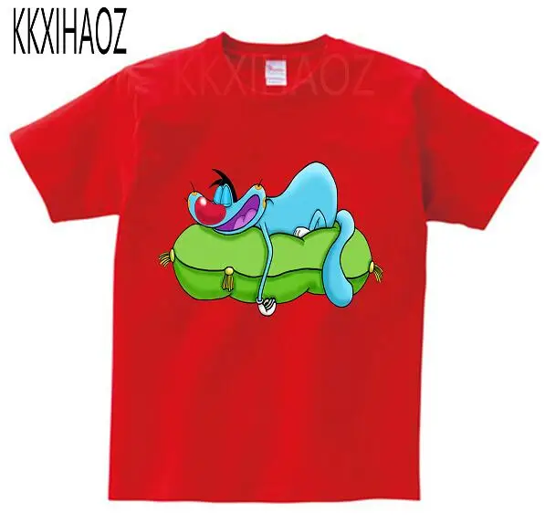 Детская летняя футболка для мальчиков и девочек с дыхательными упражнениями детская хлопковая Футболка с принтом Oggy и тараканы - Цвет: Красный