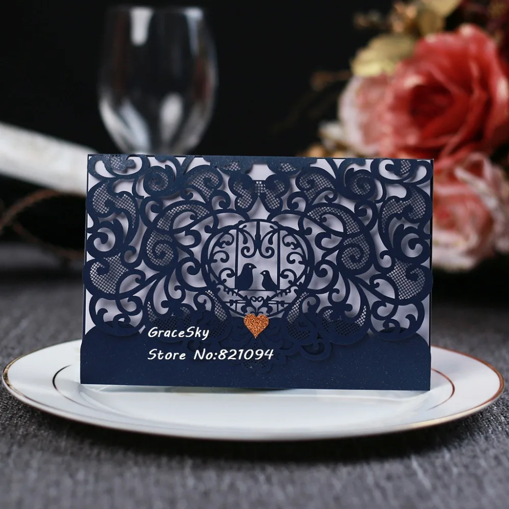 

50pcs free shipping 2018 new folded design Laser cut wedding invitation cards with Customized text for wedding party invitation