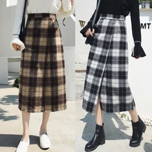 Новинка осени, модные женские юбки с высокой талией, Классическая клетчатая юбка миди, шерстяная зимняя длинная юбка с разрезом, Faldas Jupe