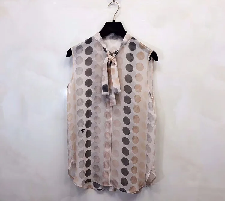 Svoryxiu Silk Blouse Shirt Women's Runway Designer Summer Bow Collar Polka Dot Printed Sleeveless Blouses Tops