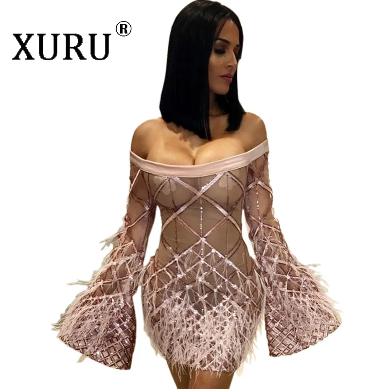 

XURU autumn and winter new hot sexy dress plaid women's chicken hair sequin dress embroidered lace tight body hip dress