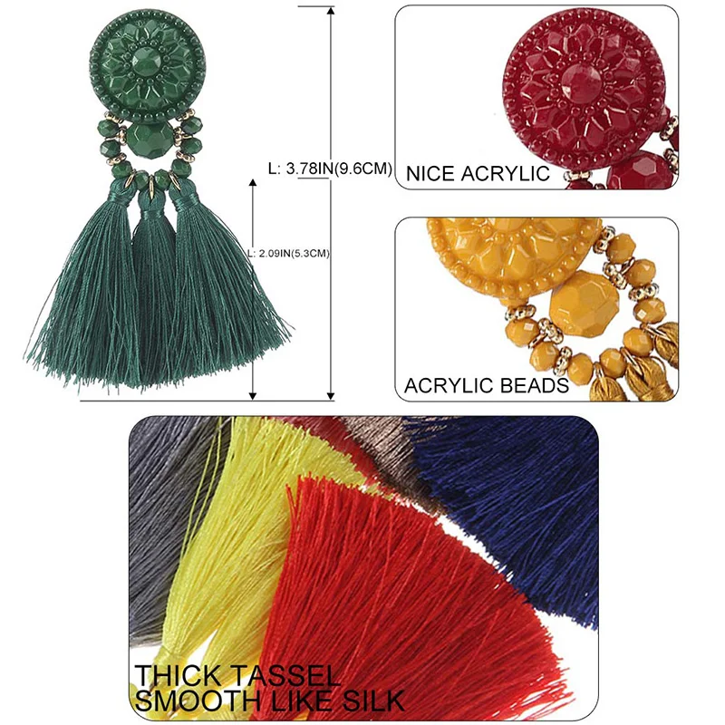 JOUVAL Высокое качество золото/зеленый/черный разноцветный Висячие Серьги Богемия ручной работы пластиковые бусины с кисточкой серьги для женщин