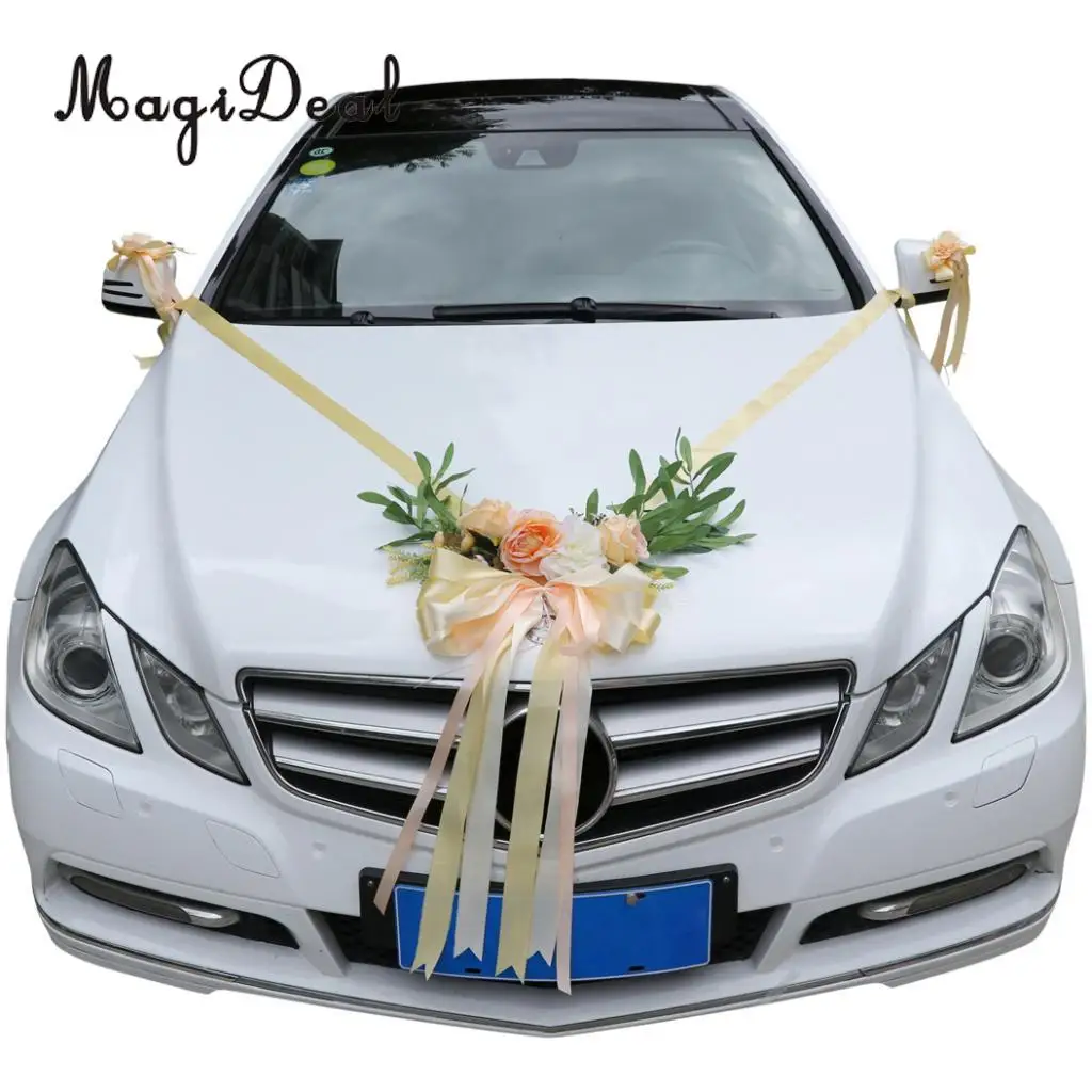 9pcs Wedding Car Decorations Kit  Artificial Silk Flower Ribbon and Bows Ties Set Limousine Car Roof Door Mirror Decor