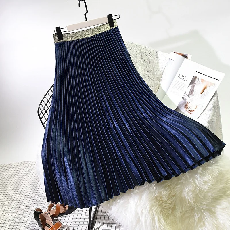 Tataria/Женская юбка с высокой талией; сезон весна-осень; замшевая юбка; длинные плиссированные юбки; Женская Повседневная Однотонная юбка в стиле ретро; юбка цвета металлик - Цвет: Navy Blue