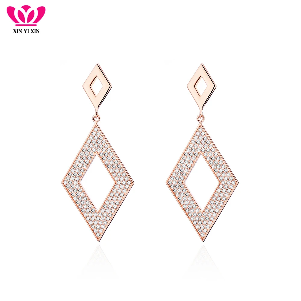

Luxury Rose Gold Cubic Zirconia Drop Earrings For Women Geometric Rhombus Earrings Lady High Quality Wedding Party Jewelry Gifts