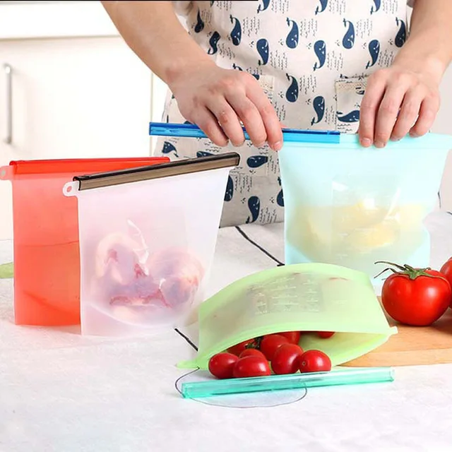 

4PCS 1000ml Kitchen Food Sealing Storage Bag Reusable Refrigerator Fresh Bags Silicone Fruit Meat Ziplock Kitchen Organizer