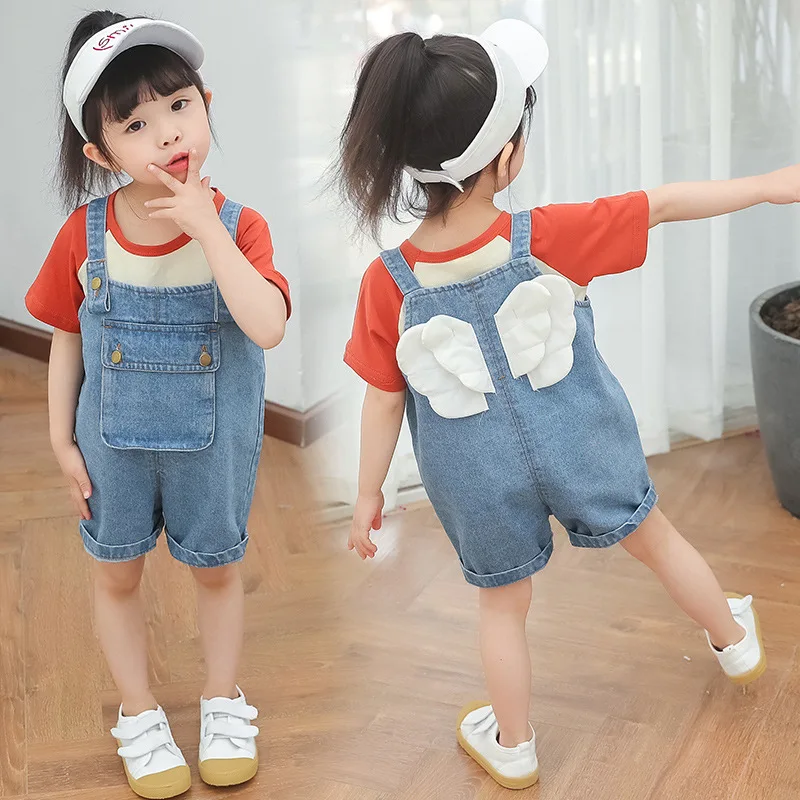 

Summer Behind Wing Cute Girls Jumpsuit Denim Overalls for Children Jean Bib Short Pants Big Pocket Kid Clothes Baby Overalls