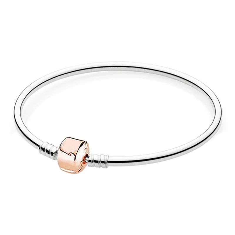 

Authentic 925 Sterling Silver Rose Gold Barrel Clasp Snake Chain Basic Pan Bracelet Bangle Fit Women Bead Charm Jewelry