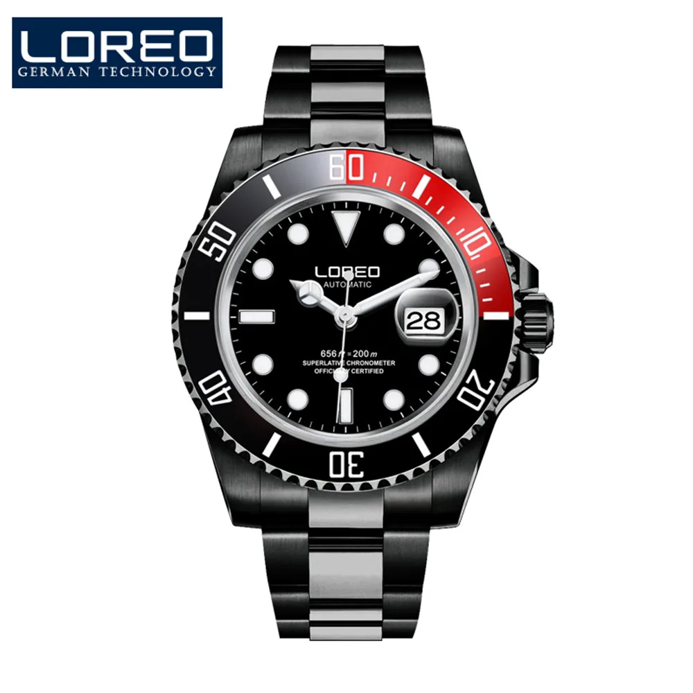 LOREO 200 м водонепроницаемые мужские спортивные часы люксовый бренд автоматические механические часы сапфировые светящиеся 316L часы из нержавеющей стали - Цвет: Full Black Red