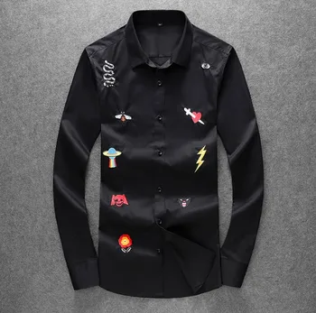 

High New Men Embroidered snake leopard bee UFO flower Cotton Casual Shirts Shirt high quality Pocket long-sleeves Top M 2XL #GT1