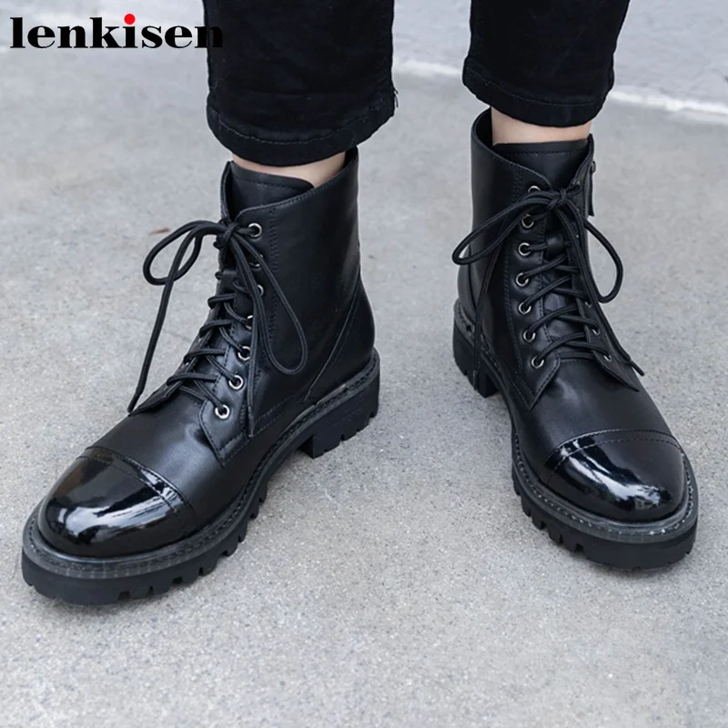 

Lenkisen popular genuine leather British school fashion med heels round toe winter handsome warm rivets lace up ankle boots L06
