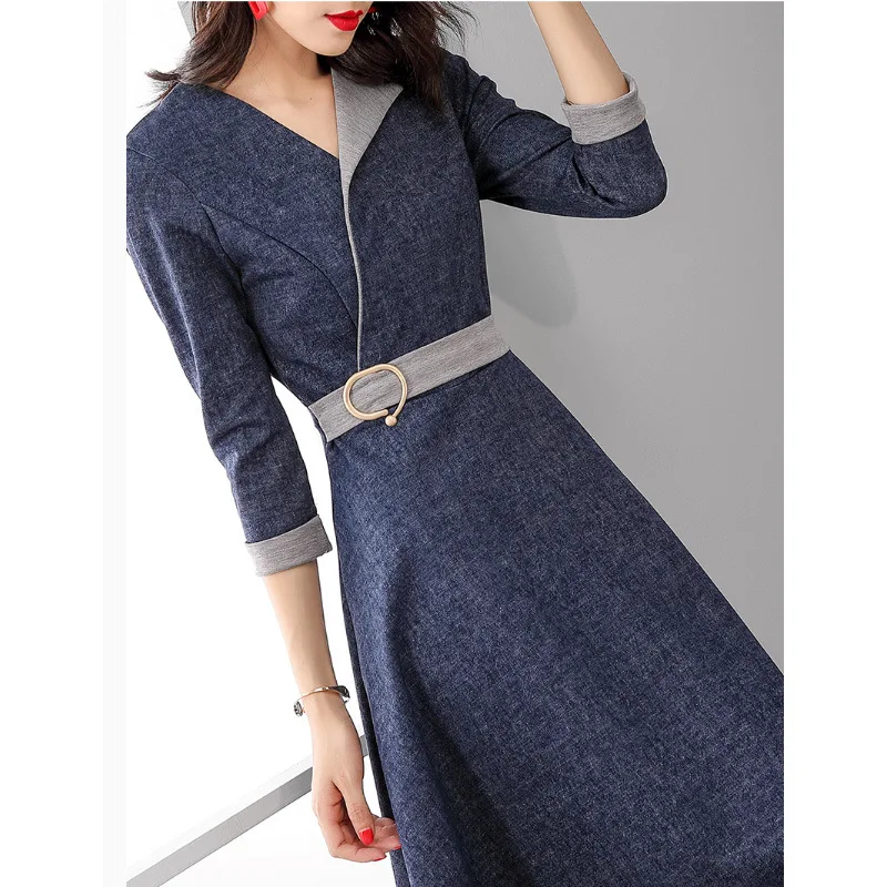

Spring New 2019 Women Fashion Denim Dress Women Three Quarter Sleeve Midi Dresses OL Work Wear A-line Dress Navy Blue