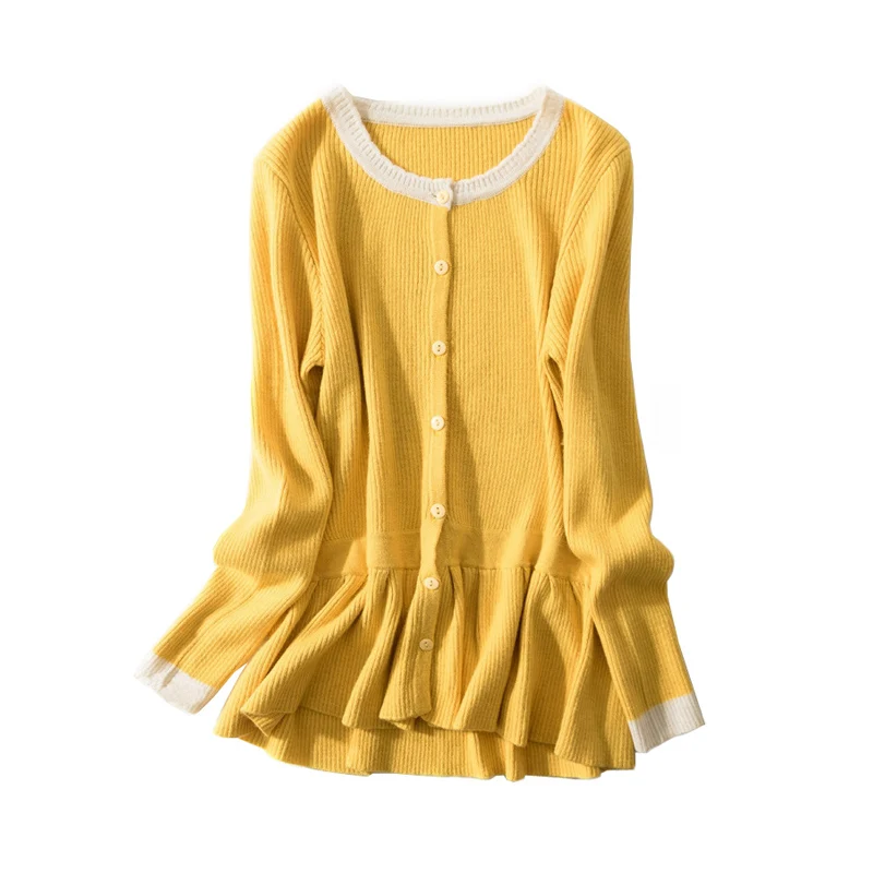 

Ruffle Cardigans Sweater Women Autumn Winter Wool Cardigan Casual Contrast Color Sweater Cashmere Knitting Jackets Coat Tops