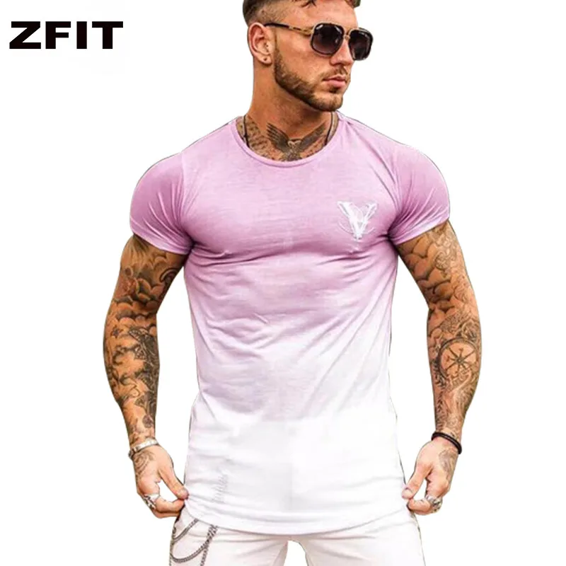 ZFIT Gradient color 3D T-shirt Men Shirt Homme Running Designer Quick Dry T-Shirts Fit Tops Tees Sport Mens Fitness Gym T Shirts | Спорт и