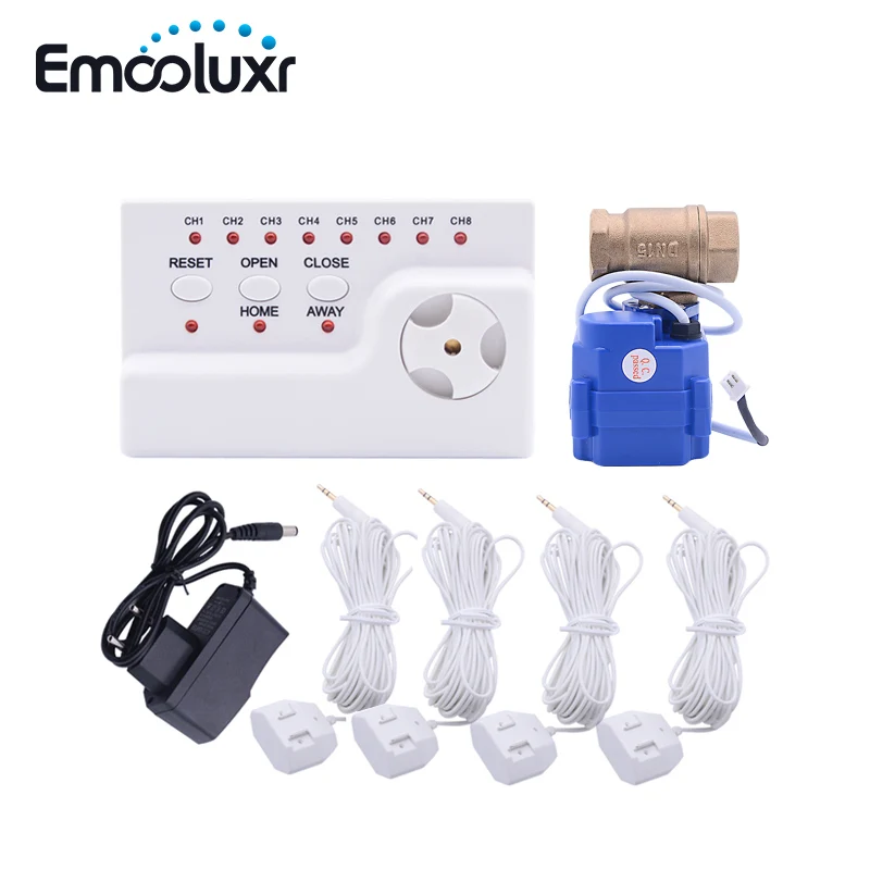 Smart House Water Leaking Warning System with 1pc Water Alarm Central Unit 4pcs Leaking Detection Cable 1pc Crane Valve DN15