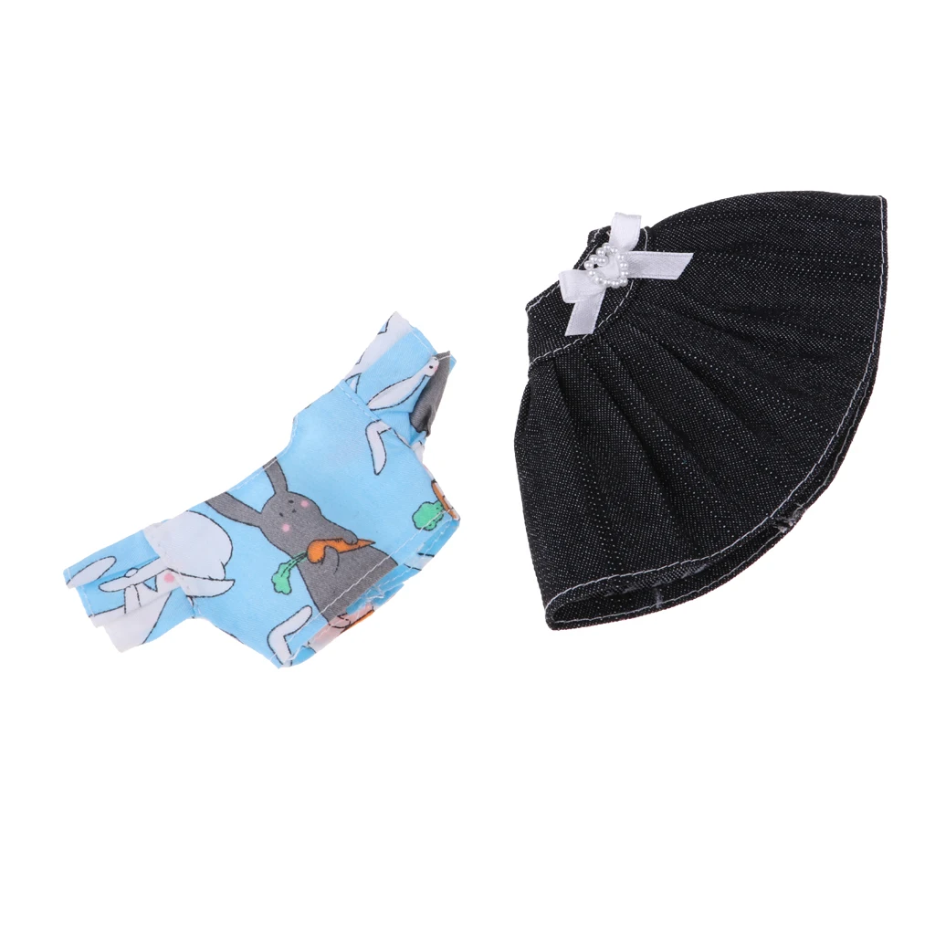 Fashion Doll Outfits Rabbit Tops & Black Denim Jean Dress Skirt For   Dolls Accessory Blue	