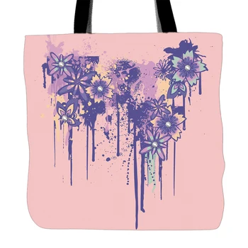 

Flowers Pink Background Printed Tote Bag For Shopping Food Convenience Women Shoulder White Canvas Hand Bags Two Sided Printing