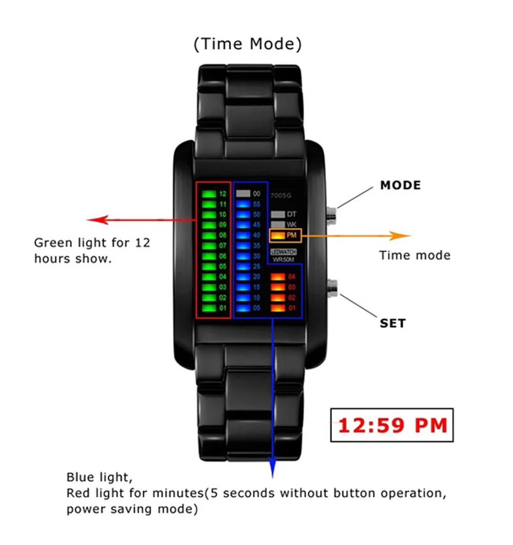 Binary Watch Resistant Watches Men 3ATM Waterproof Alarm Chrono Rectangle Dial Canlender Black Light Tough Structure