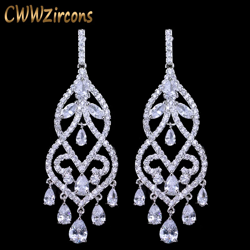 CWWZircons бренд белое золото цвет капля воды кисточка кубический цирконий камни длинные элегантные винтажные вечерние серьги для женщин CZ027