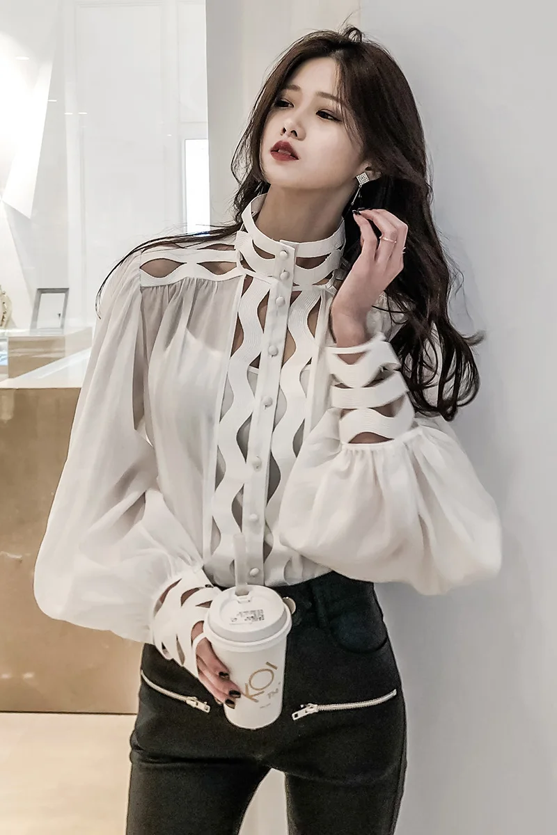 Женские топы, акция, Корейская женская блузка, Blusas Mujer De Moda, воротник, рукава-фонарики, полые, 2 предмета, рубашка для женщин