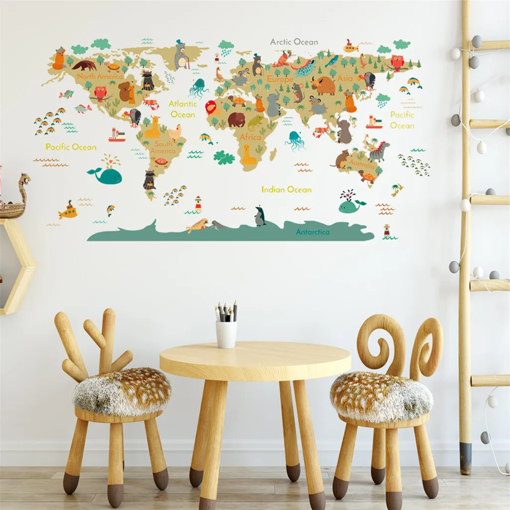 Cute Animals World Map Removable Wall Sticker Mural Decals For Kids Bedroom