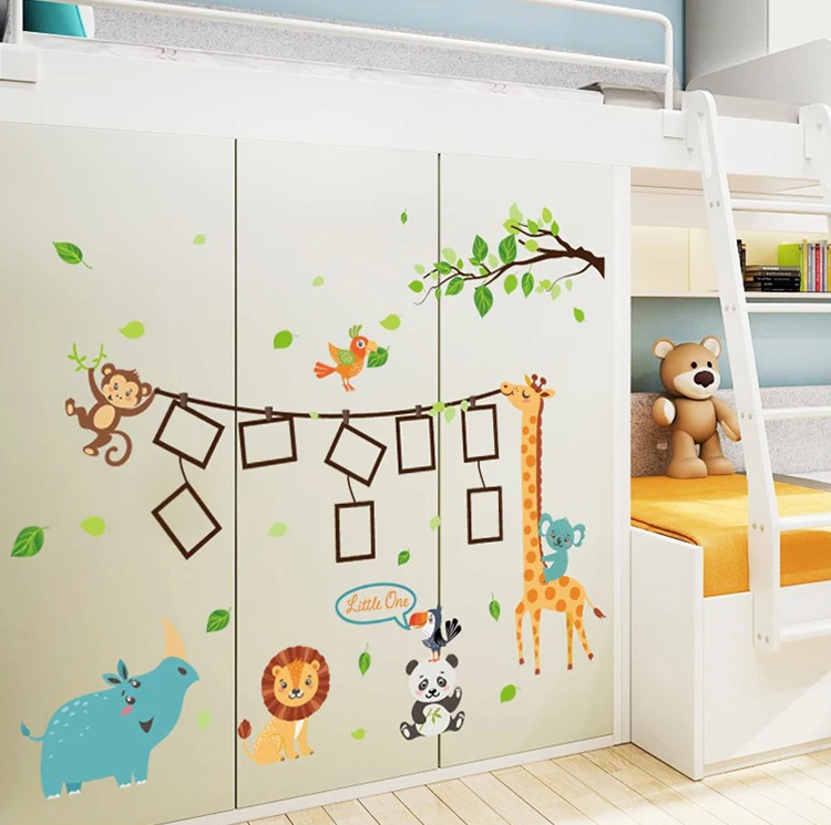 Cartoon animal photo frame large wall stickers animals decals kids room decor bedroom kindergarten school diy removable