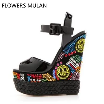 

Brand Black Patent Leather Women Wedge heel Sandals Multi-color Crystal Embellished Wedge Sandals Ultra Weave Braid Heel Shoes