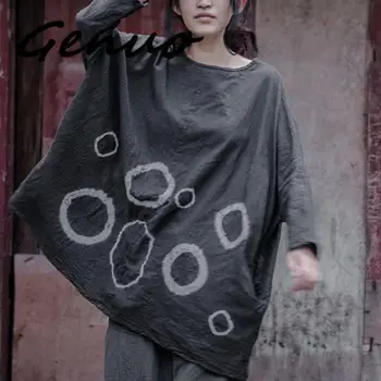 

Women Plus Size Shirts O-Neck Long Sleeve Vintage 2019 New Autumn Women Cotton Linen Loose Tie Dye Circle Top