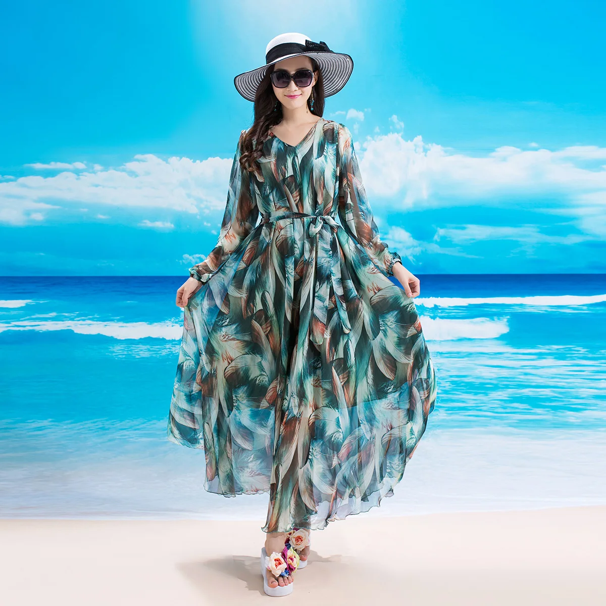 Женское платье с длинным рукавом и V образным вырезом|designer maxi dress|maxi dressfloral dress |