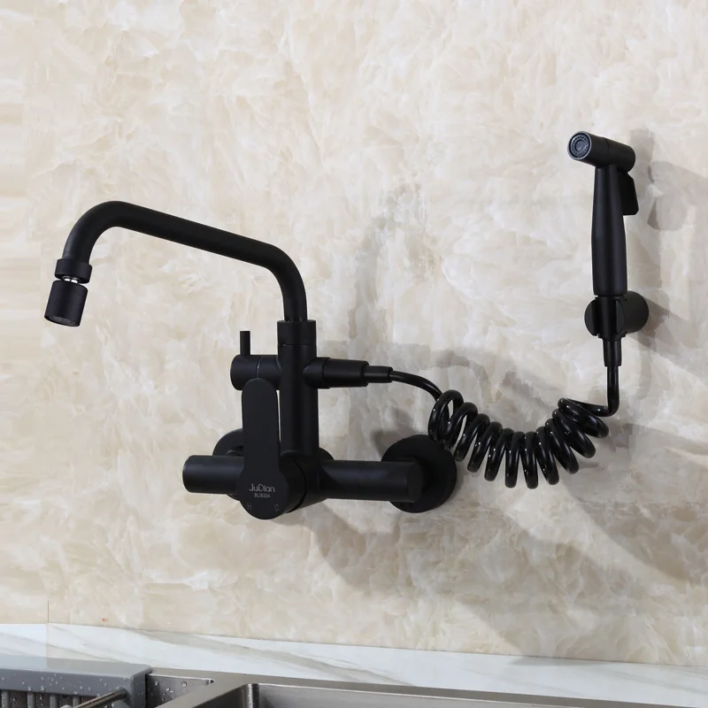 

Wall mounted Matte Black stainless steel kitchen faucet with bidet spray shower head ,Rotatable,Cold and hot water faucet-2P