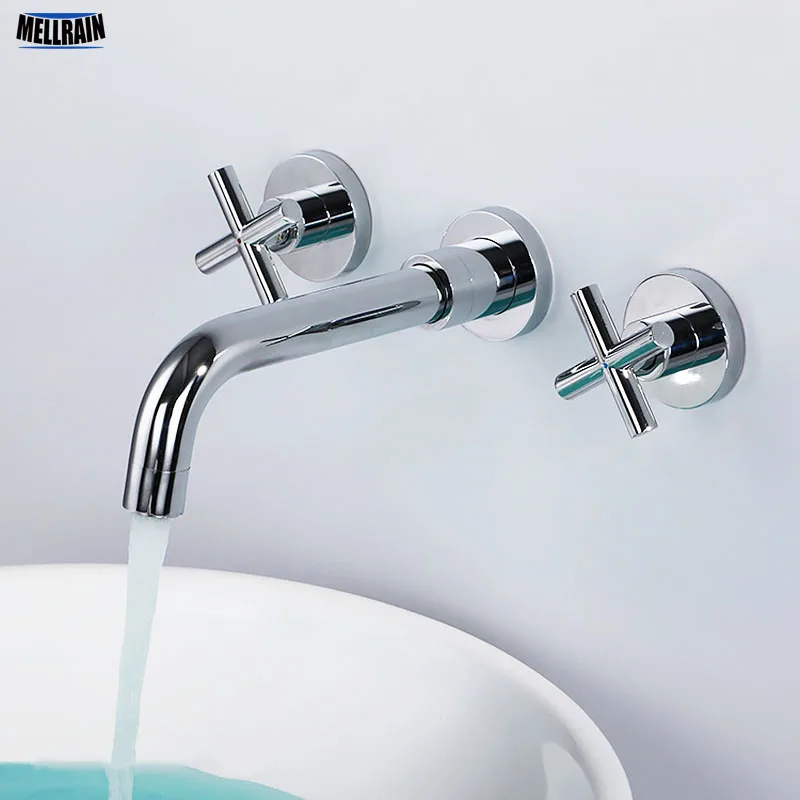 Brass chrome plated wall mounted double handle bathroom faucet high