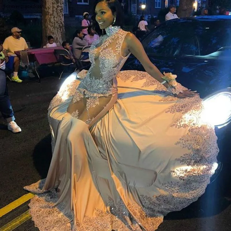 Illusion Bodice 2019 Prom Dresses Lace Appliques Sequins Mermaid High Neck Glamorous See Through Sweep Train Black Girls Evening Party Gowns  148